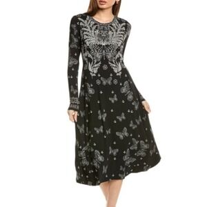 Johnny Was Womens Black White Butterfly Print Long Sleeve Midi Dress PXS T37024